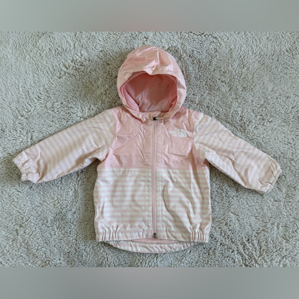 North Face Pink Stripe Rain Jacket - 6-12 months